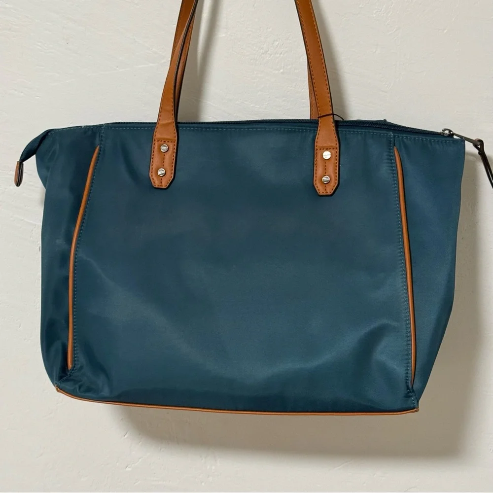 Adrienne Vittadini Nylon Tote blue green teal tan - Picture 3 of 11